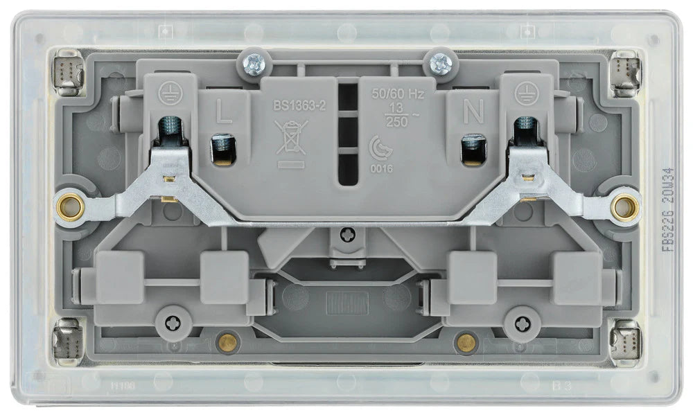 BG Nexus Screwless Flat Plate Brushed Steel Double Socket FBS22G Grey Inserts 13Amp