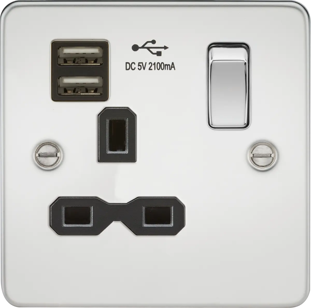 Knightsbridge 13A 1G SP Switched Socket with Dual USB A+A (5V DC 2.1A shared) - Polished Chrome with Black Insert – FPR9901PC