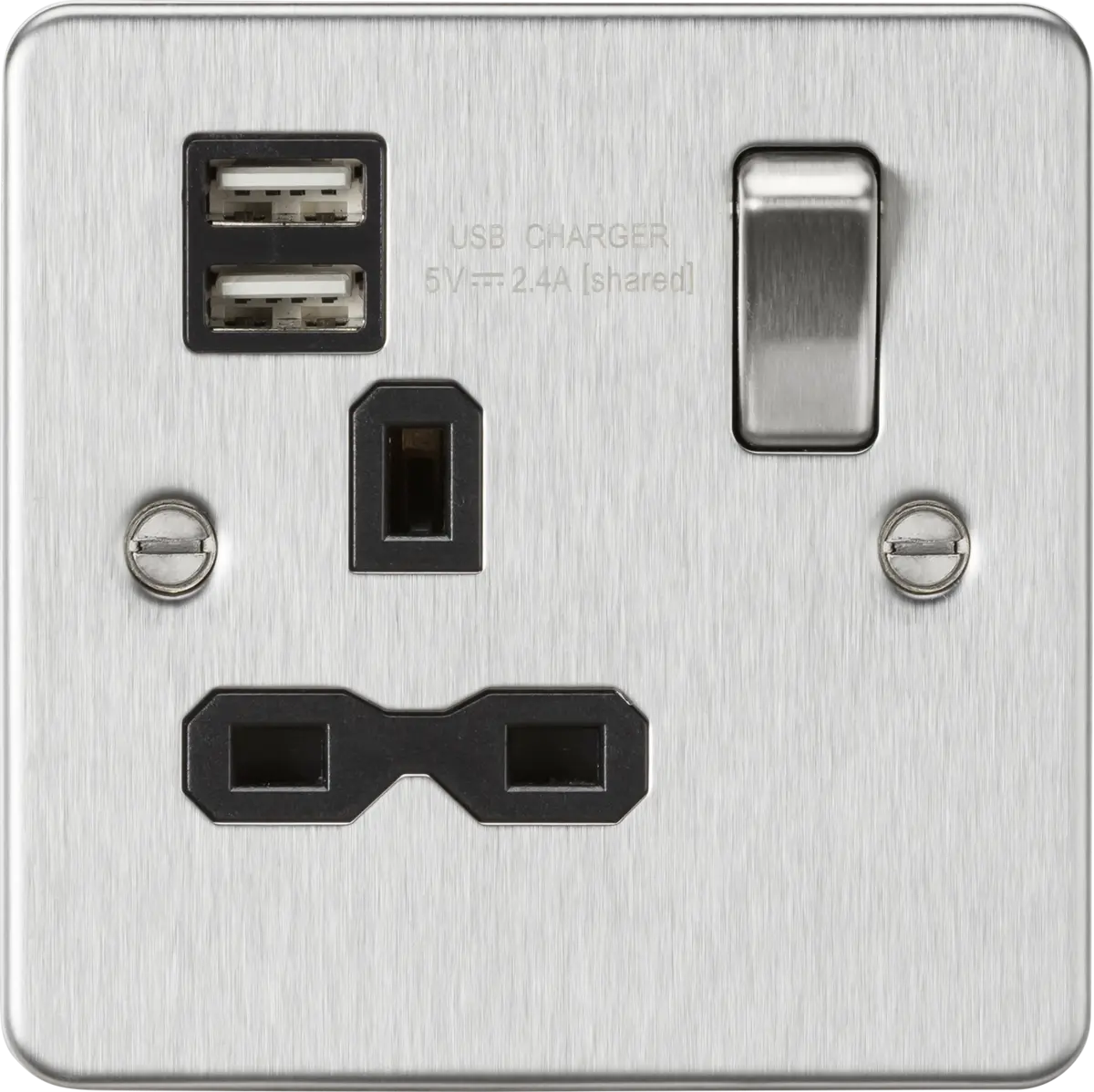 Knightsbridge 13A 1G SP Switched Socket with Dual USB A+A (5V DC 2.4A shared) - Brushed Chrome with Black Insert – FPR9124BC