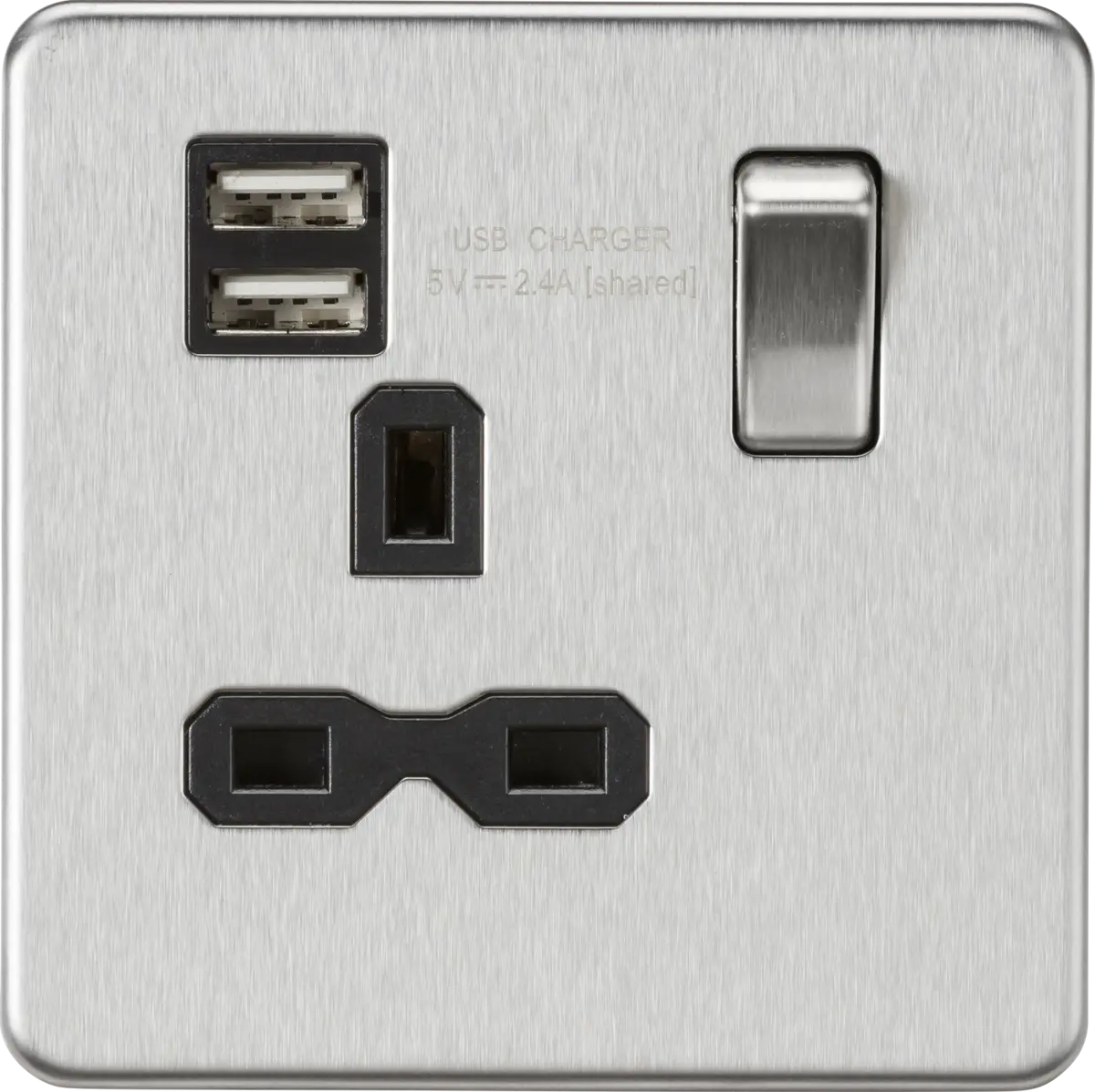 Knightsbridge 13A 1G SP Switched Socket with Dual USB A+A (5V DC 2.4A shared) - Brushed Chrome with Black Insert – SFR9124BC
