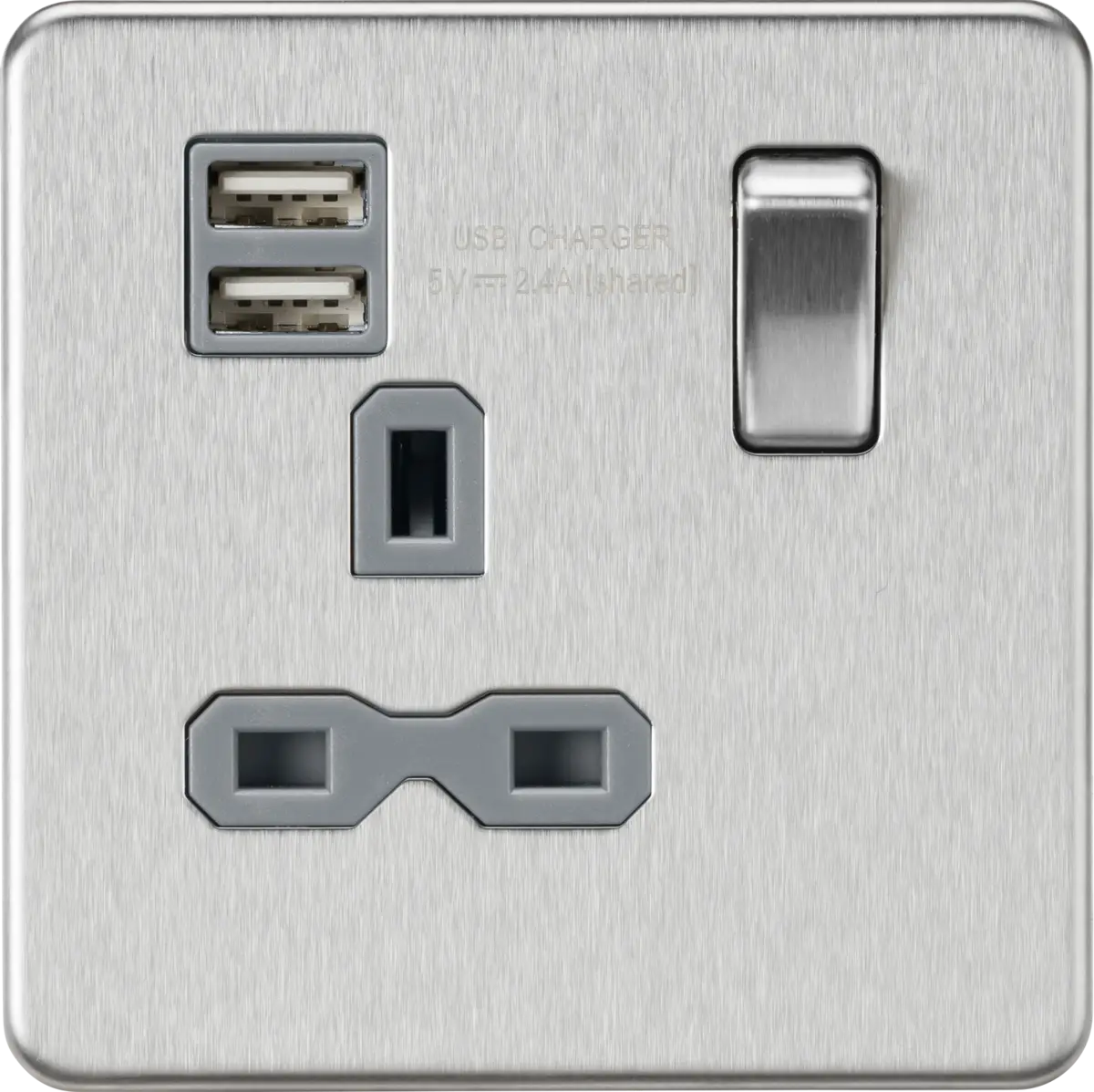 Knightsbridge 13A 1G SP Switched Socket with Dual USB A+A (5V DC 2.4A shared) - Brushed Chrome with Grey Insert – SFR9124BCG