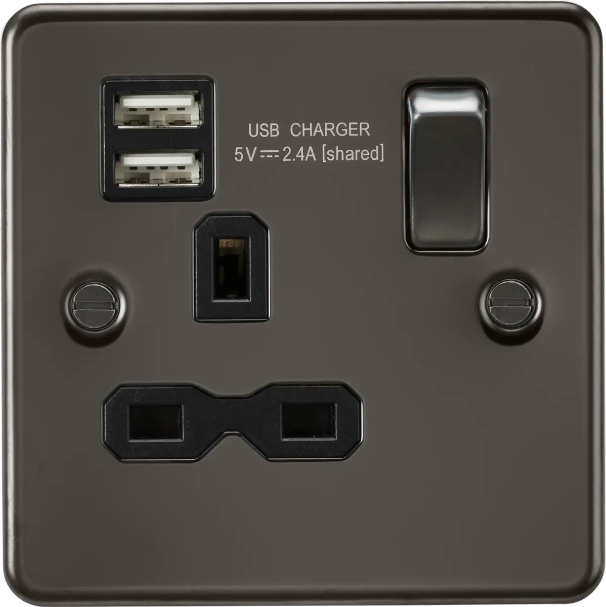 Knightsbridge 13A 1G SP Switched Socket with Dual USB A+A (5V DC 2.4A shared) - Gunmetal with Black Insert – FPR9124GM