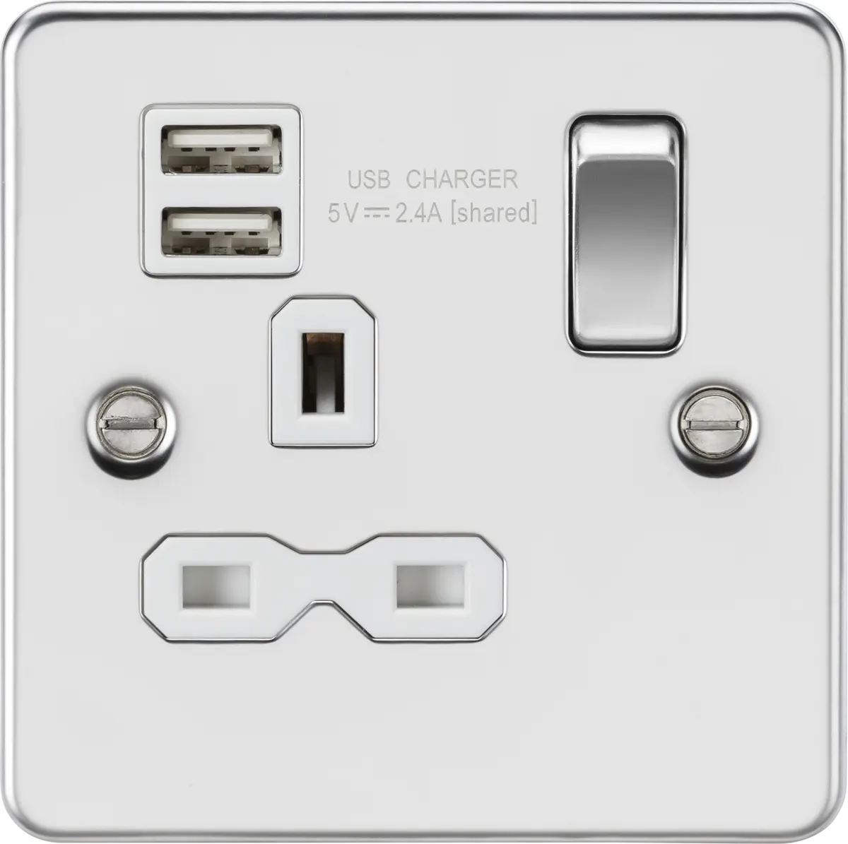 Knightsbridge 13A 1G SP Switched Socket with Dual USB A+A (5V DC 2.4A shared) - Polished Chrome with White Insert – FPR9124PCW