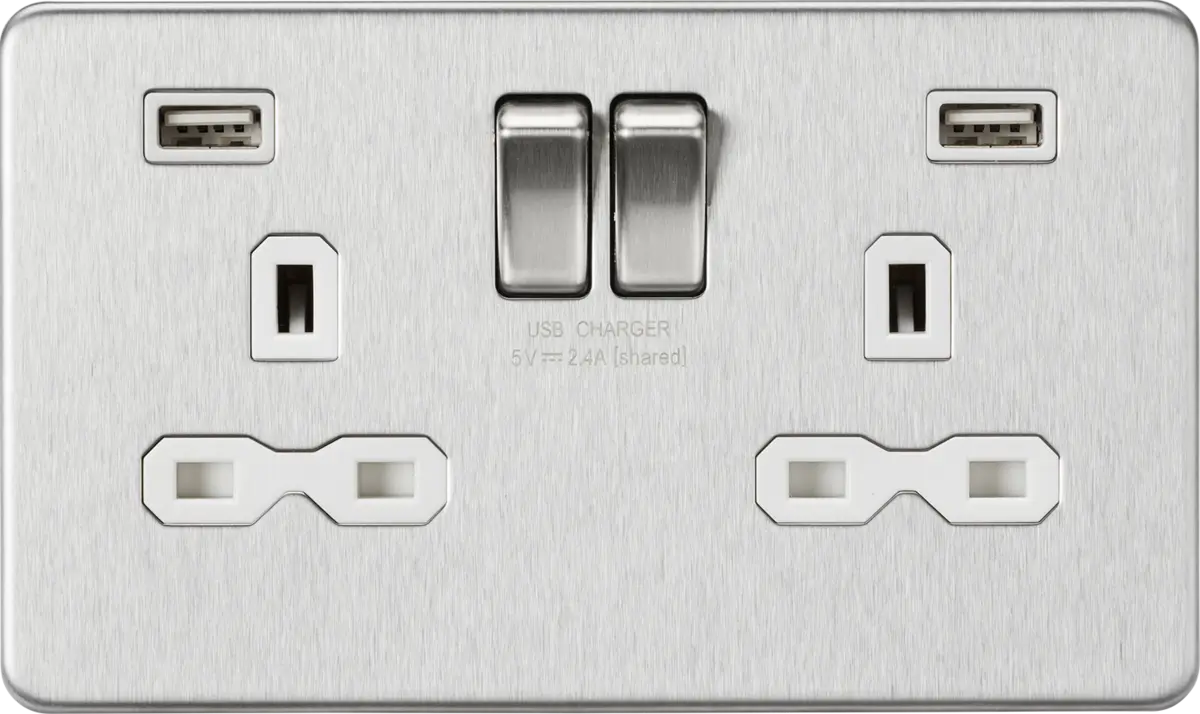Knightsbridge 13A 2G SP Switched Socket with Dual USB A+A (5V DC 2.4A shared) - Brushed Chrome with White Insert – SFR9224BCW