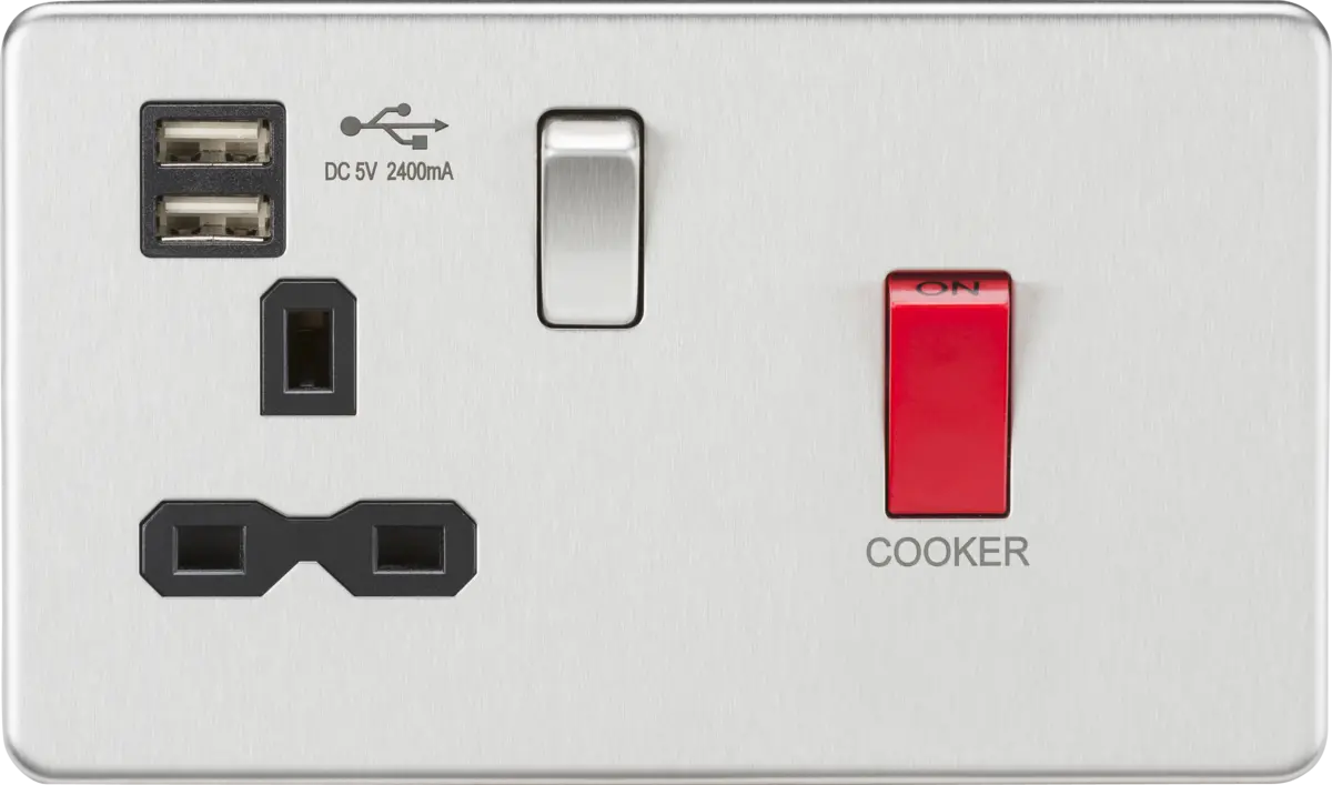 Knightsbridge 45A DP Switch & 13A Socket with Dual USB A+A (5V DC 2.4A shared) - Brushed Chrome with Black Insert – SFR8333UBC