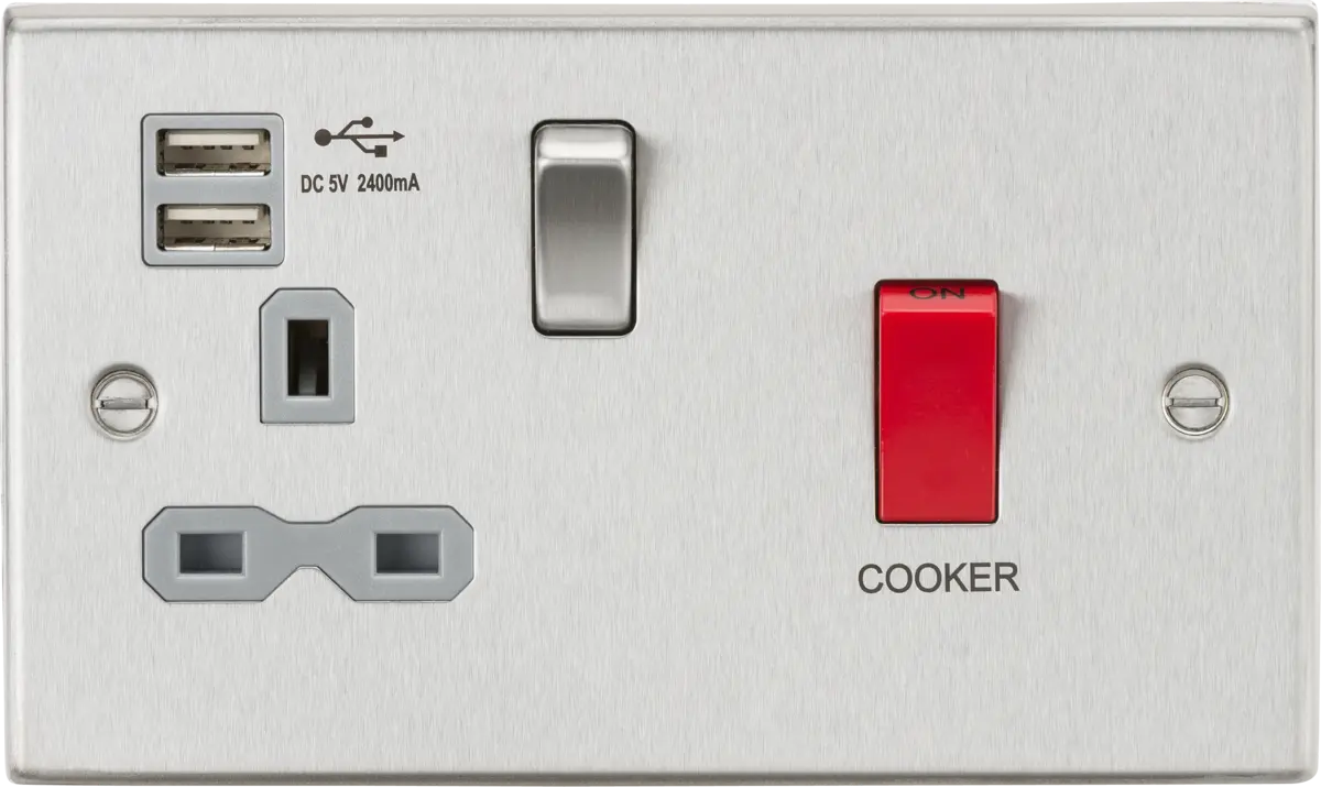 Knightsbridge 45A DP Switch & 13A Socket with Dual USB A+A (5V DC 2.4A shared) - Brushed Chrome with Grey Insert – CS8333UBCG