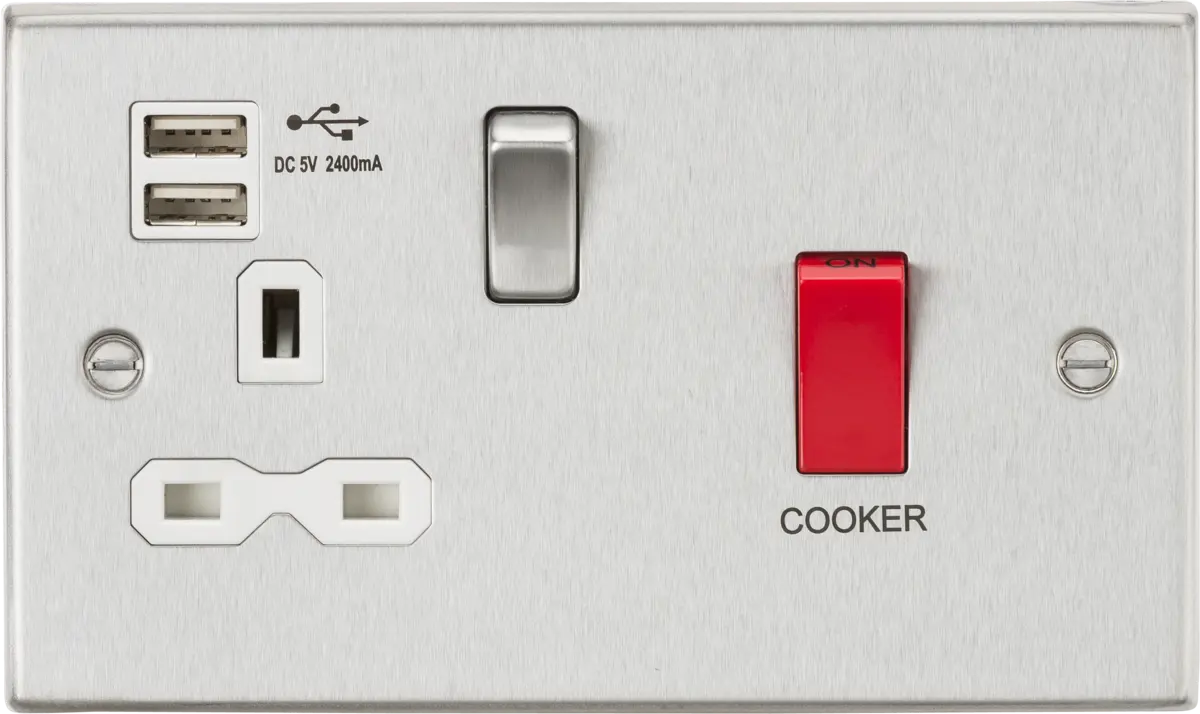 Knightsbridge 45A DP Switch & 13A Socket with Dual USB A+A (5V DC 2.4A shared) - Brushed Chrome with White Insert – CS8333UBCW