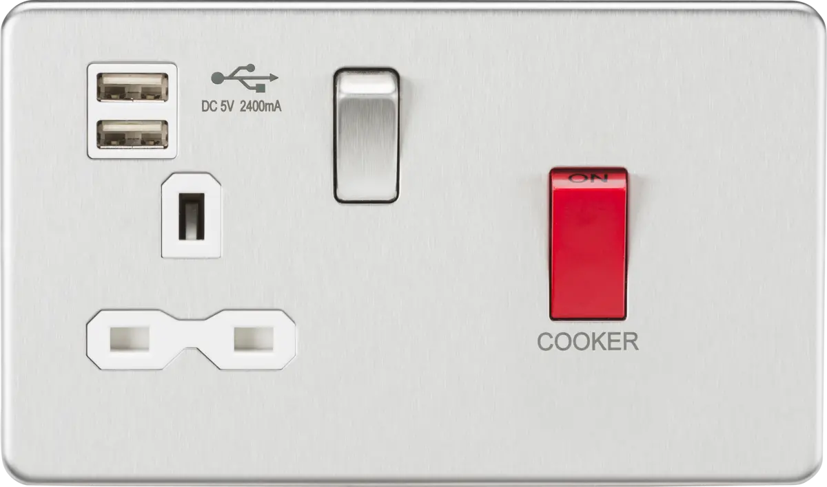 Knightsbridge 45A DP Switch & 13A Switched Socket with Dual USB Charger 2.4A - Brushed Chrome with white insert – SFR8333UBCW