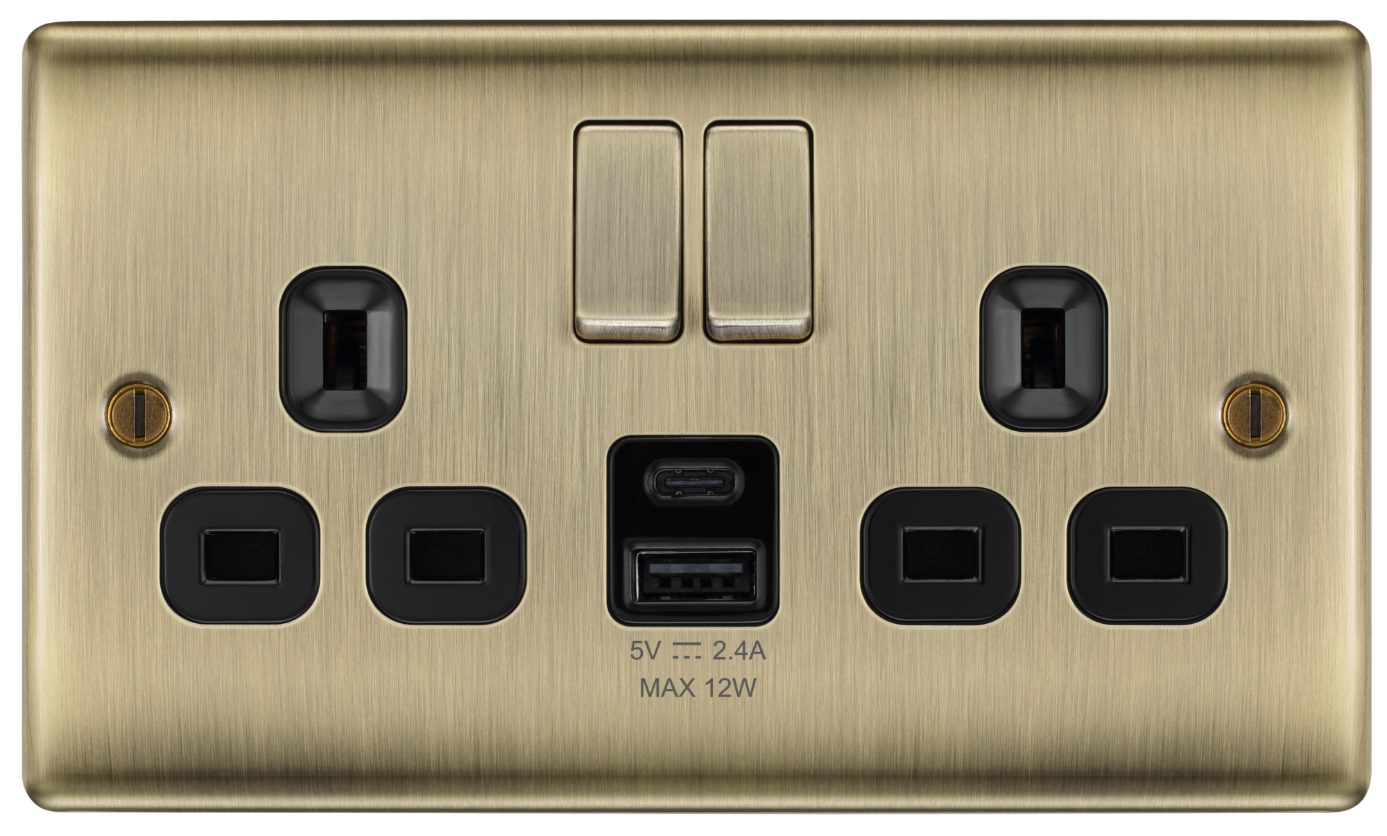 BG Nexus Metal USB USBC 12W Double Socket in Antique Brass with Black Insert NAB22UAC12B