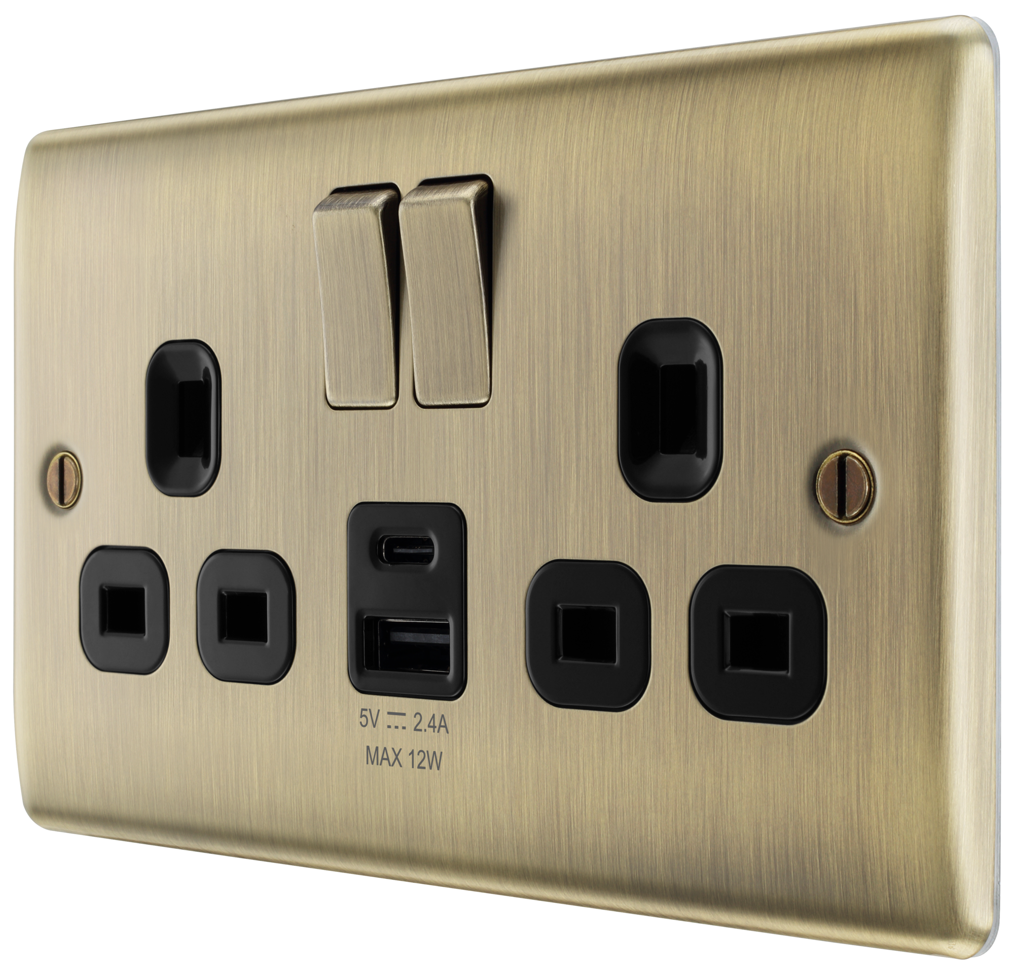 BG Nexus Metal USB USBC 12W Double Socket in Antique Brass with Black Insert NAB22UAC12B