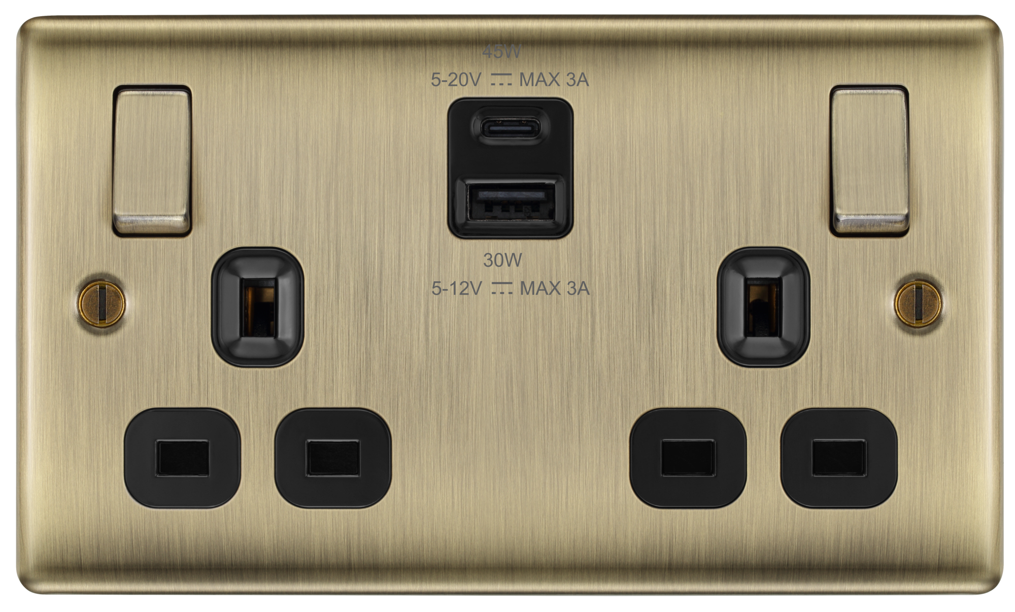 BG Nexus Metal USB USBC 45W Double Socket in Antique Brass with Black Insert NAB22UAC45B