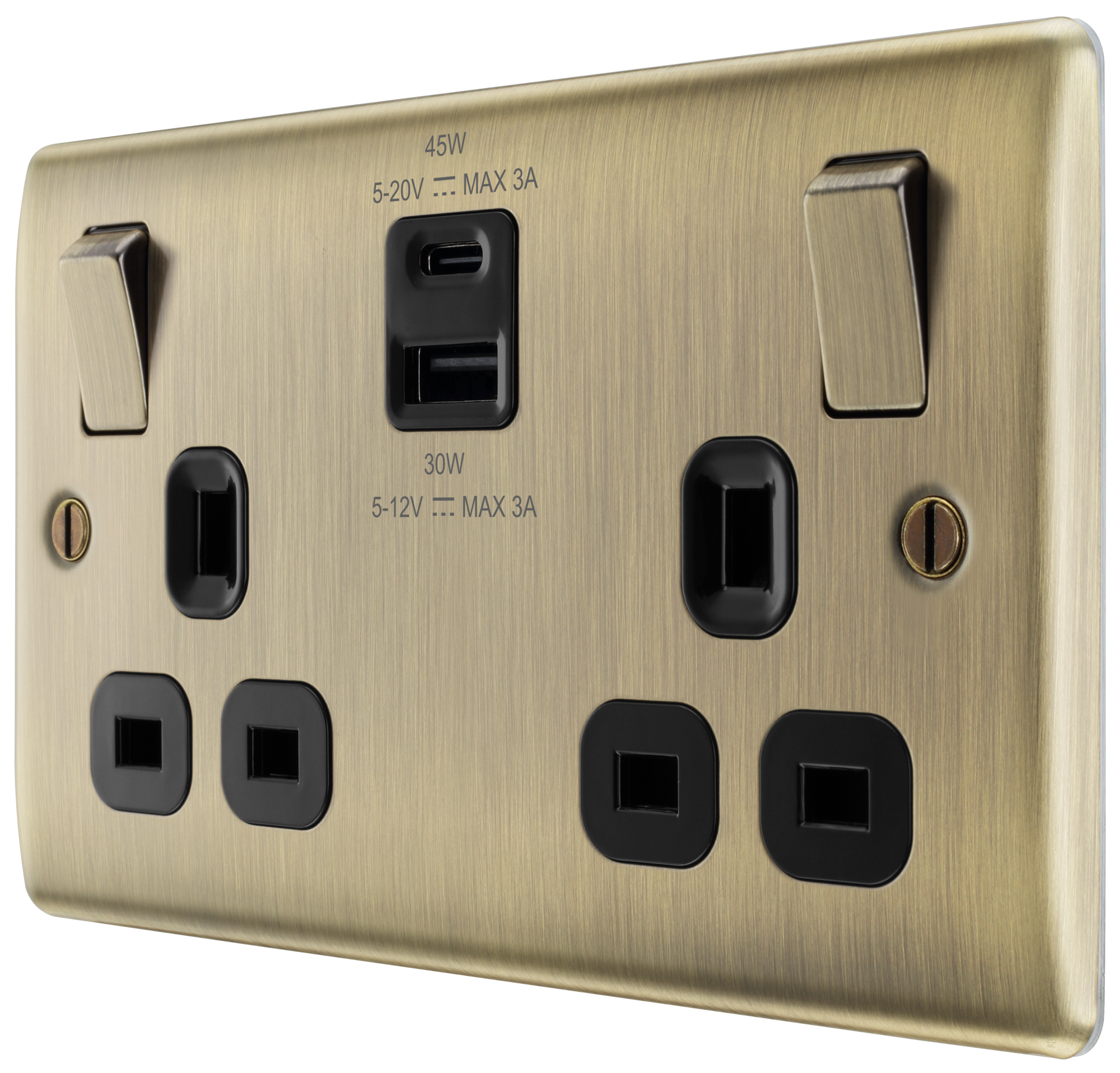 BG Nexus Metal USB USBC 45W Double Socket in Antique Brass with Black Insert NAB22UAC45B