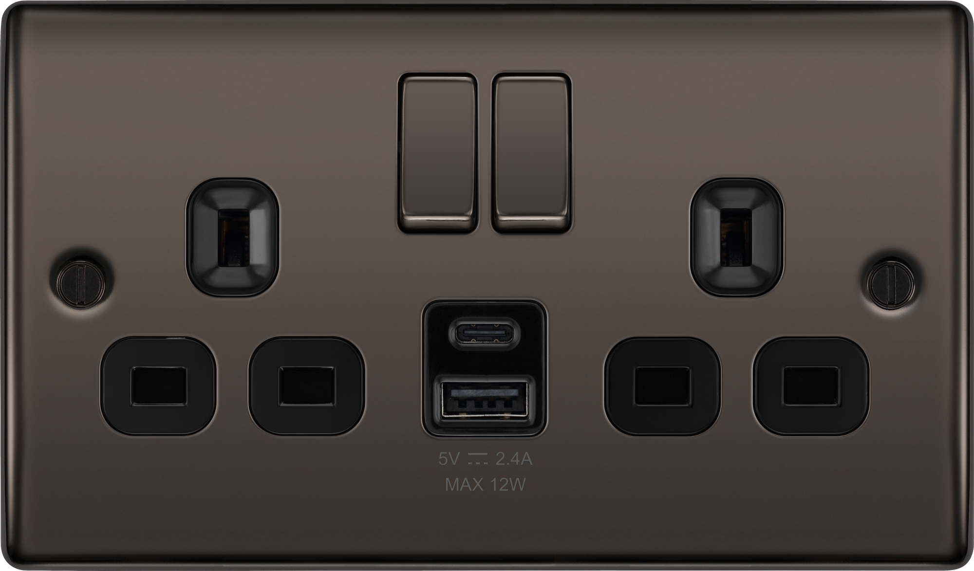 BG Nexus Metal USB USBC 12W Double Socket in Black Nickel NBN22UAC12B