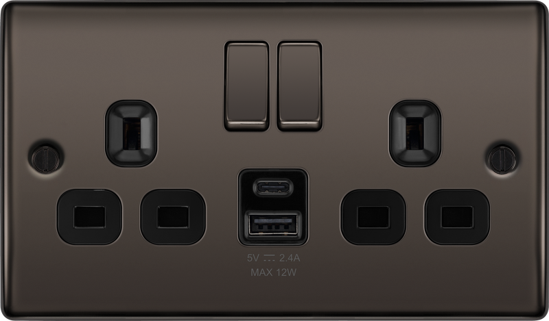 BG Nexus Metal USB USBC 12W Double Socket in Black Nickel NBN22UAC12B