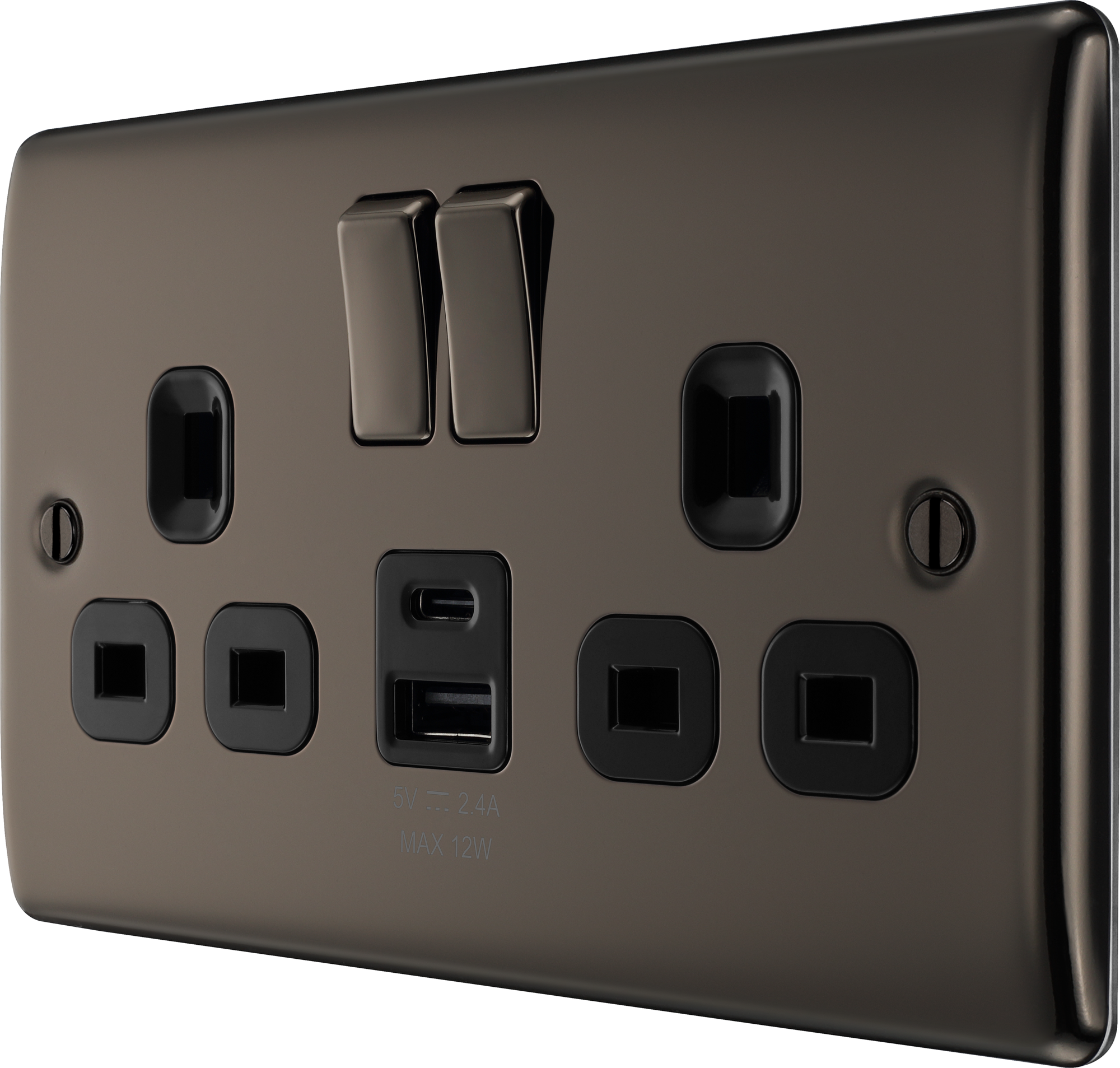 BG Nexus Metal USB USBC 12W Double Socket in Black Nickel NBN22UAC12B