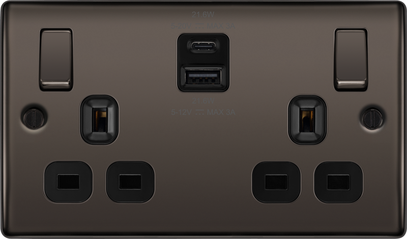 BG Nexus Metal USB USBC 22W Double Socket in Black Nickel NBN22UAC22B