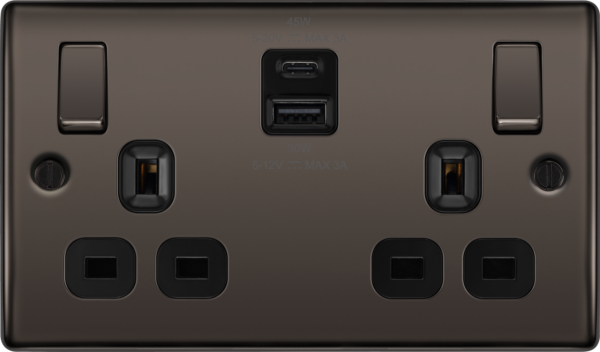 BG Nexus Metal USB USBC 45W Double Socket in Black Nickel NBN22UAC45B