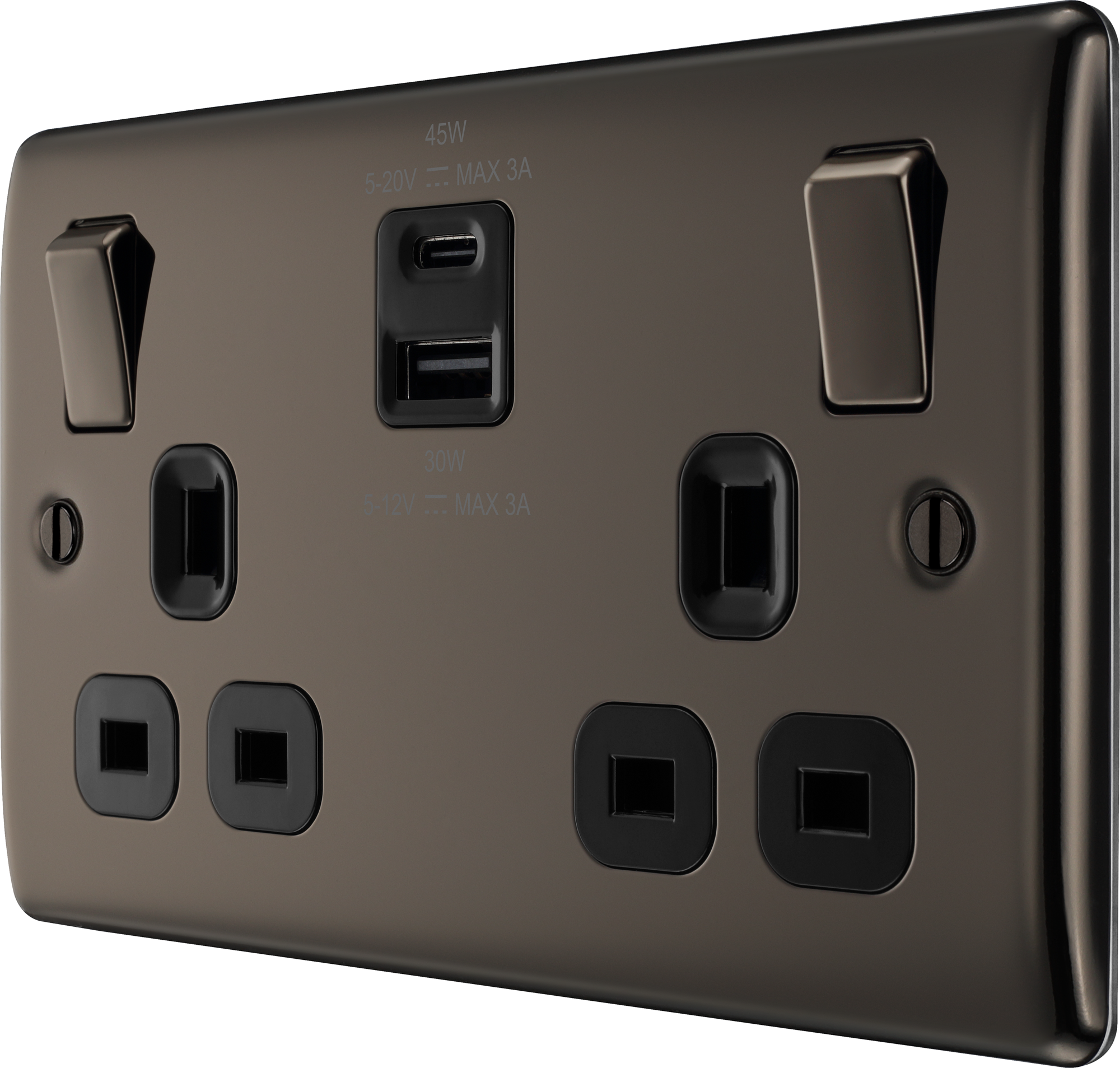 BG Nexus Metal USB USBC 45W Double Socket in Black Nickel NBN22UAC45B