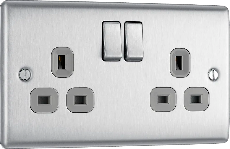 BG Nexus Metal Double Socket 13A Plug Brushed Steel With Grey Inserts - NBS22G
