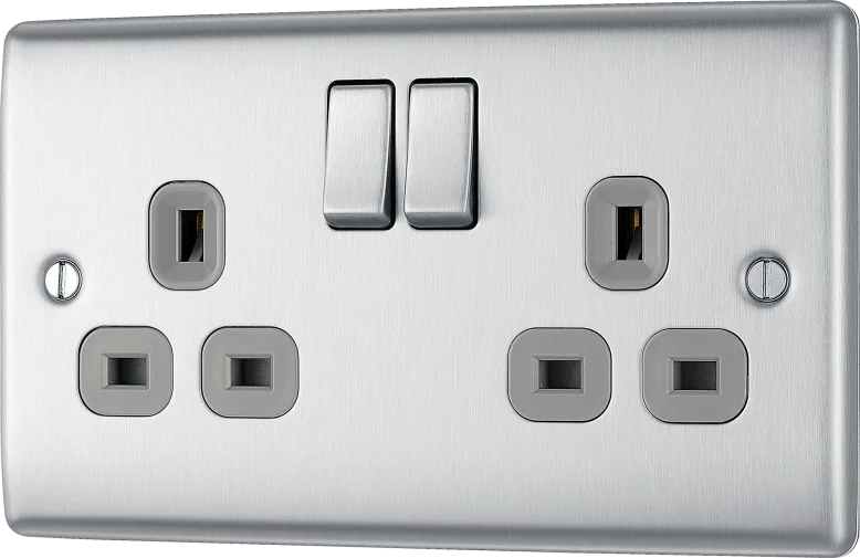 BG Nexus Metal Double Socket 13A Plug Brushed Steel With Grey Inserts - NBS22G