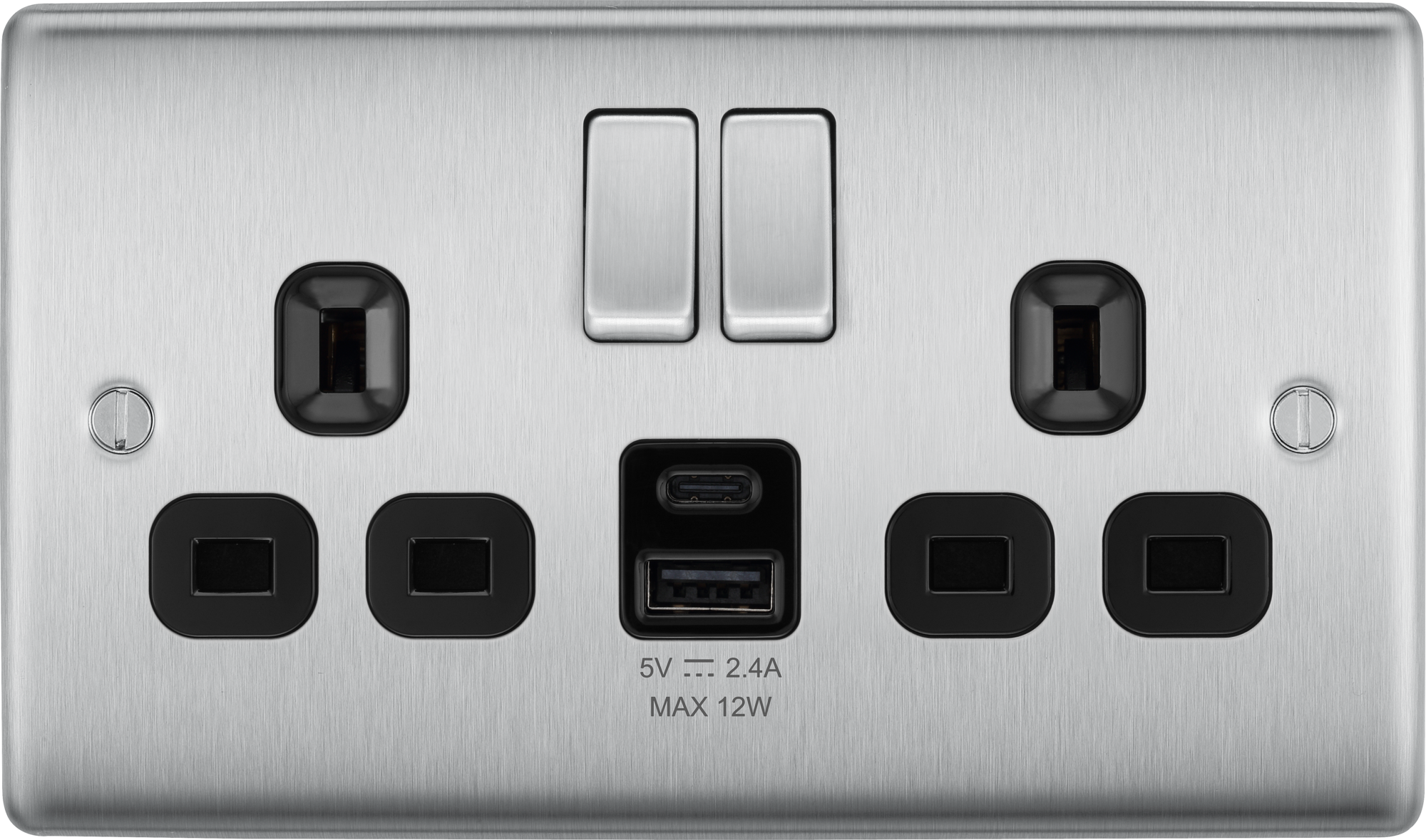 BG Nexus Metal USB USBC 12W Double Socket in Brushed Steel with Black Inserts NBS22UAC22B