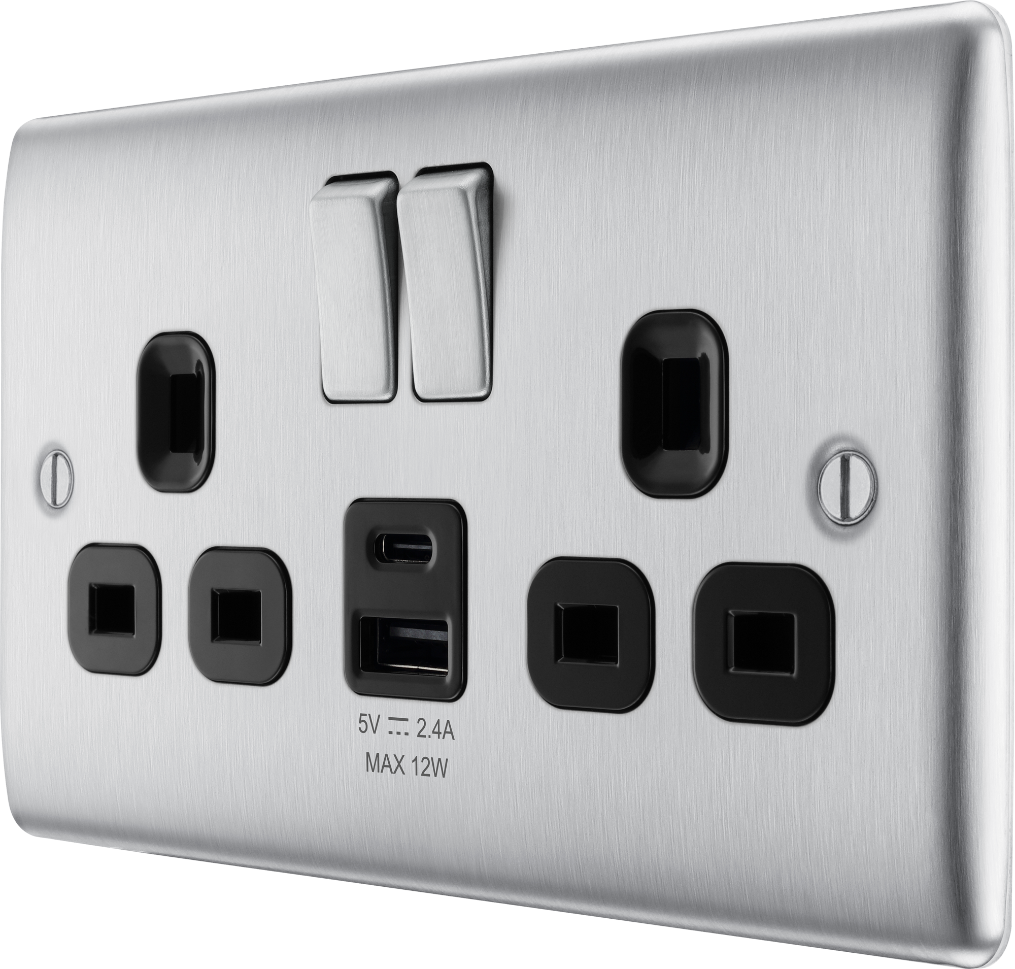 BG Nexus Metal USB USBC 12W Double Socket in Brushed Steel with Black Inserts NBS22UAC22B