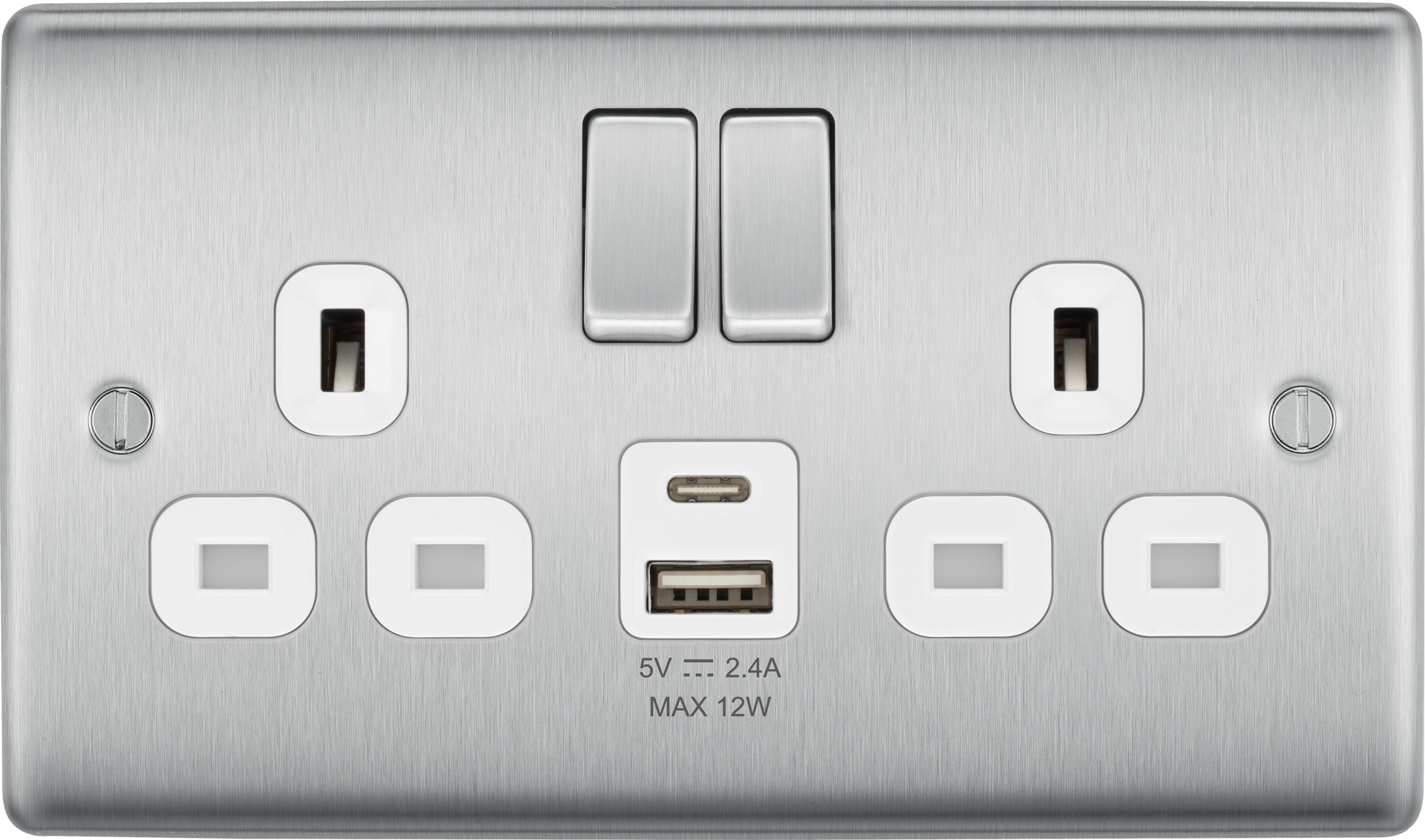 BG Nexus Metal USB USBC 12W Double Sockets In Brushed Steel With White Inserts NBS22UAC22W
