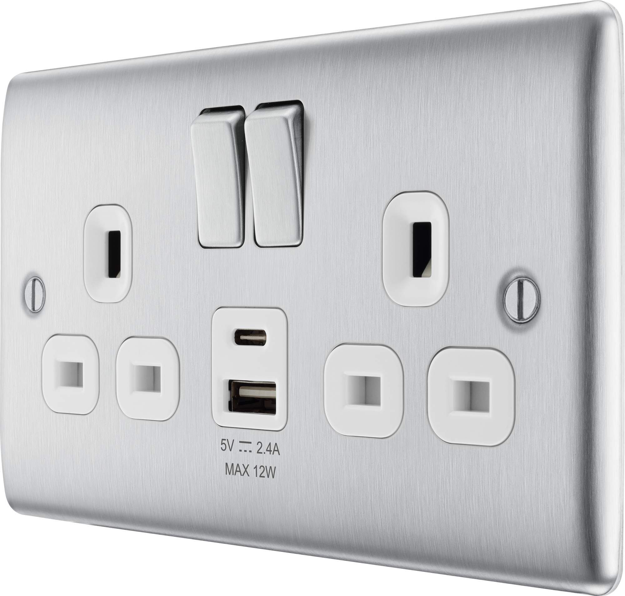 BG Nexus Metal USB USBC 12W Double Sockets In Brushed Steel With White Inserts NBS22UAC22W