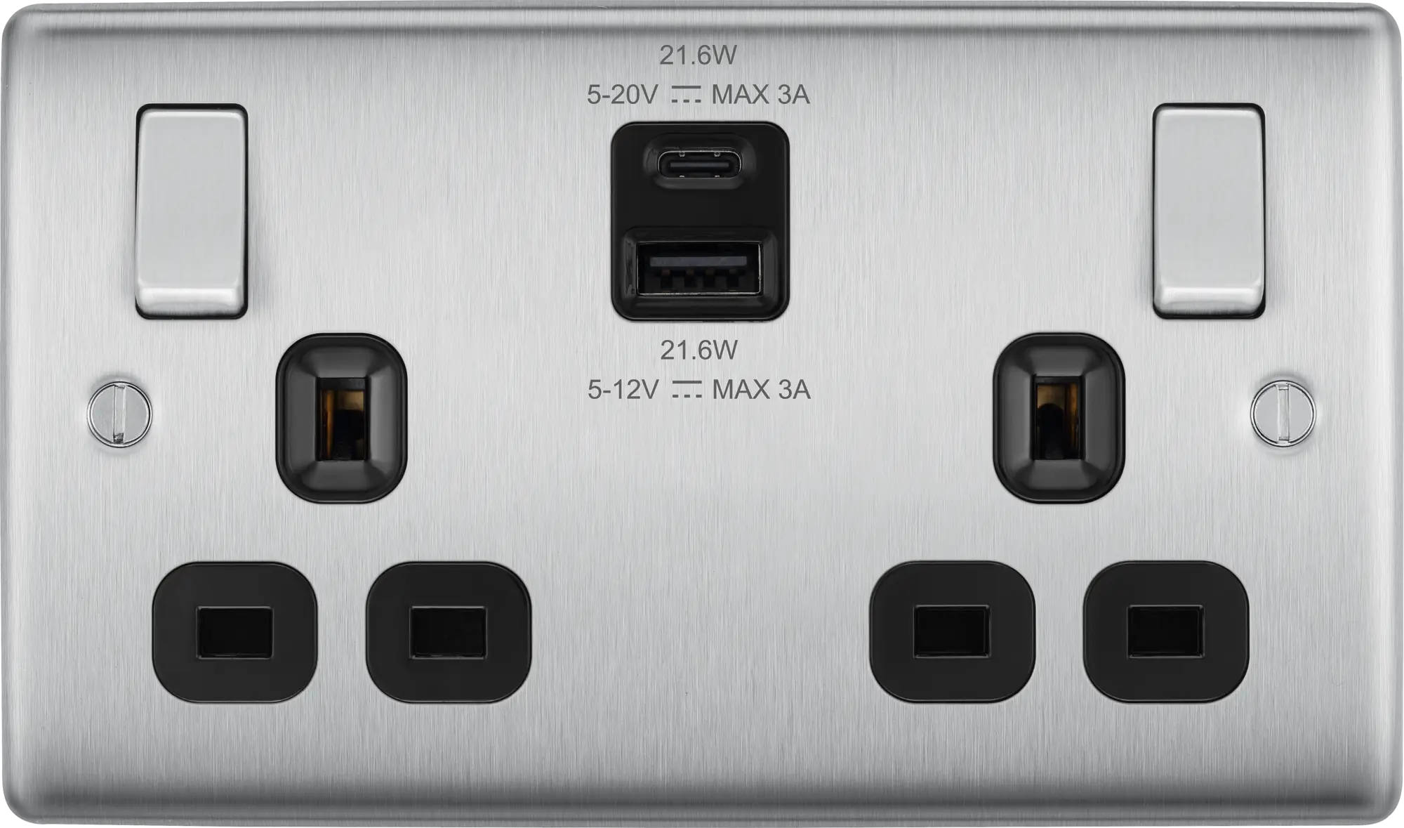BG Nexus Metal USB USBC 22W Double Socket in Brushed Steel with Black