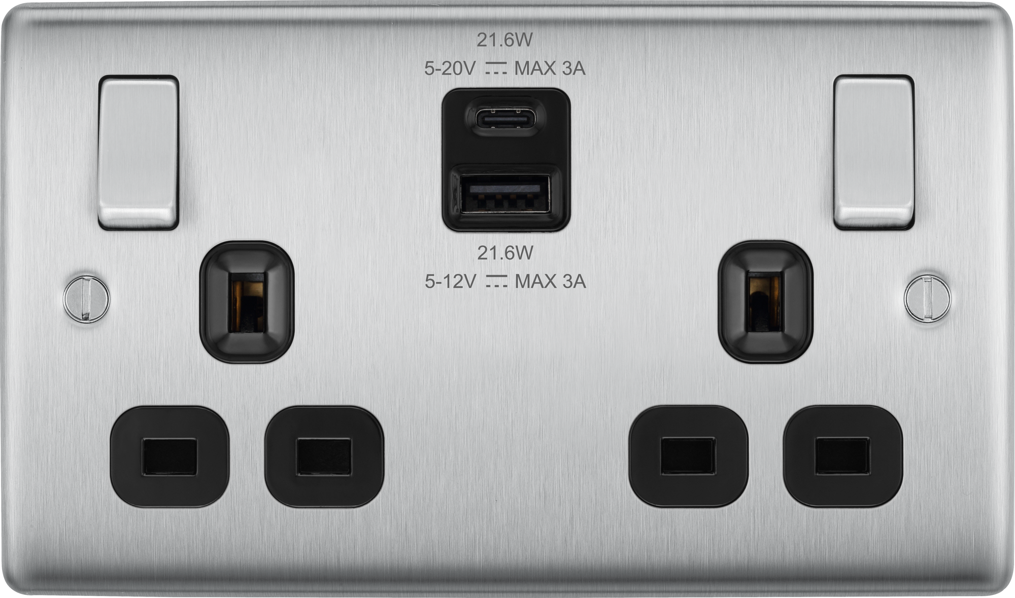 BG Nexus Metal USB USBC 22W Double Socket in Brushed Steel with Black Inserts NBS22UAC22B