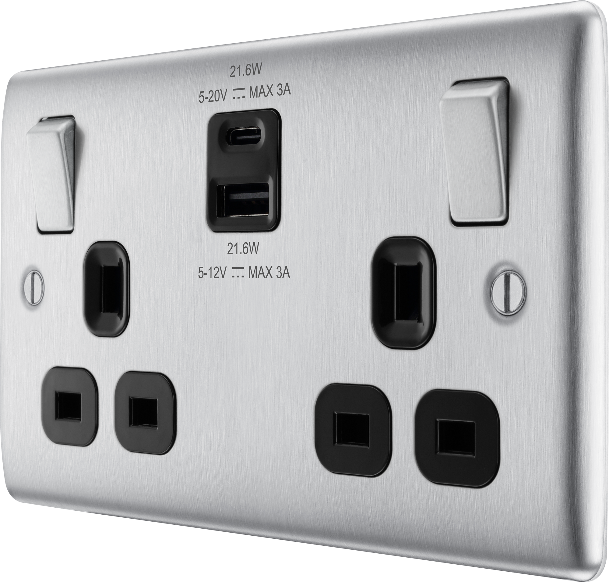 BG Nexus Metal USB USBC 22W Double Socket in Brushed Steel with Black Inserts NBS22UAC22B