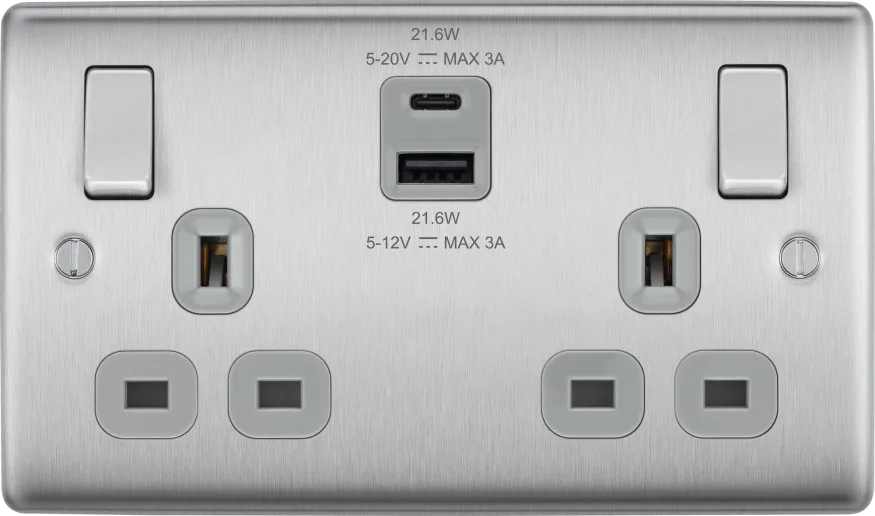 BG Nexus NBS22UAC22G Brushed Steel Double Socket with USB 22W Type A & Type C USB