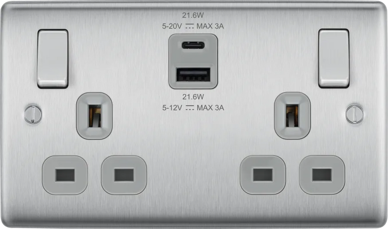 BG Nexus NBS22UAC22G Brushed Steel Double Socket with USB 22W Type A & Type C USB