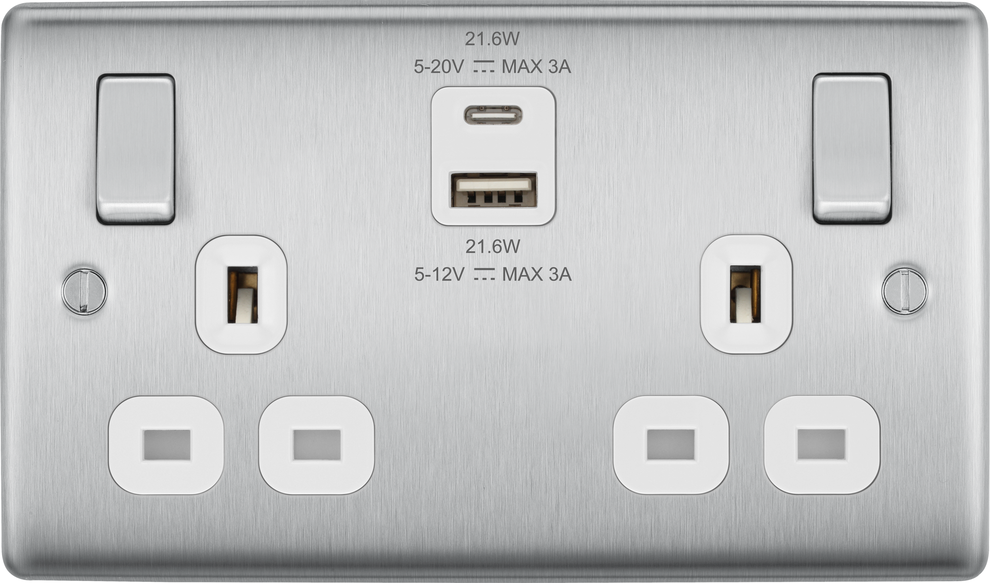 BG Nexus Metal USB USBC 22W Double Socket in Brushed Steel with White Inserts NBS22UAC22W
