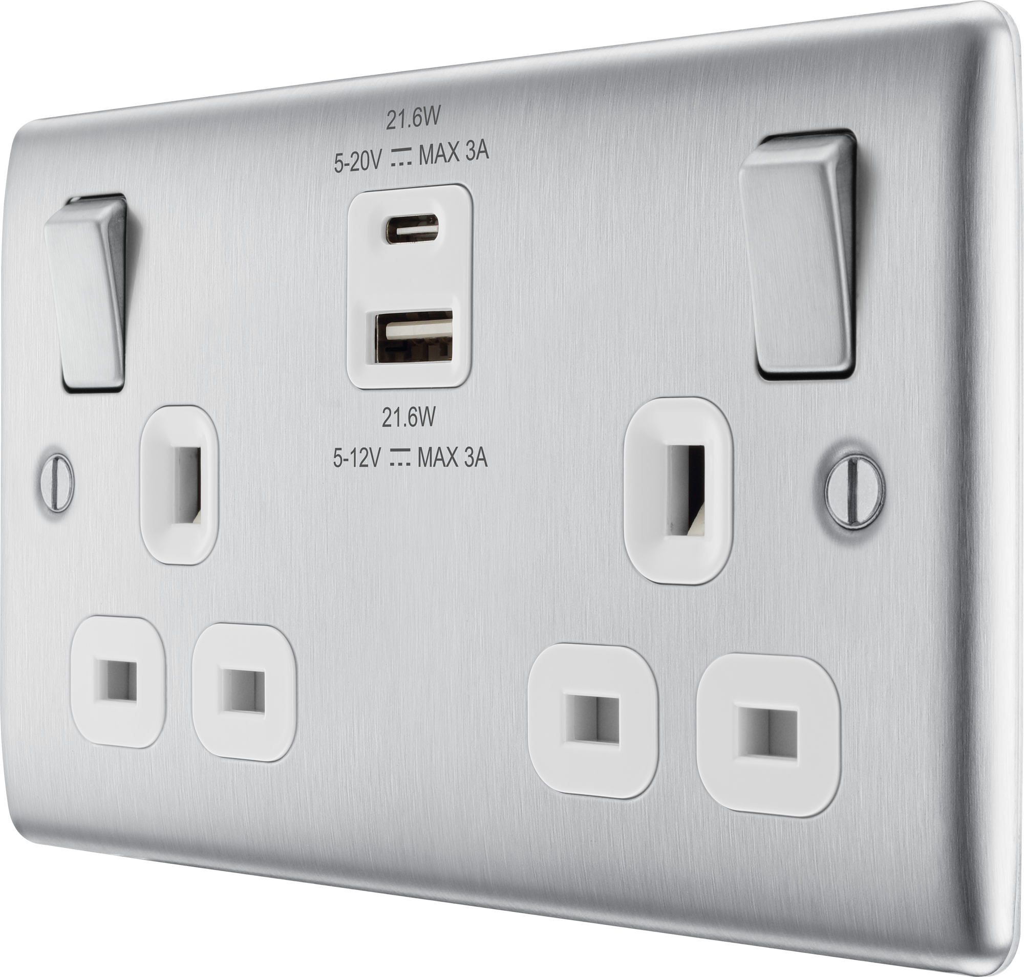 BG Nexus Metal USB USBC 22W Double Socket in Brushed Steel with White Inserts NBS22UAC22W