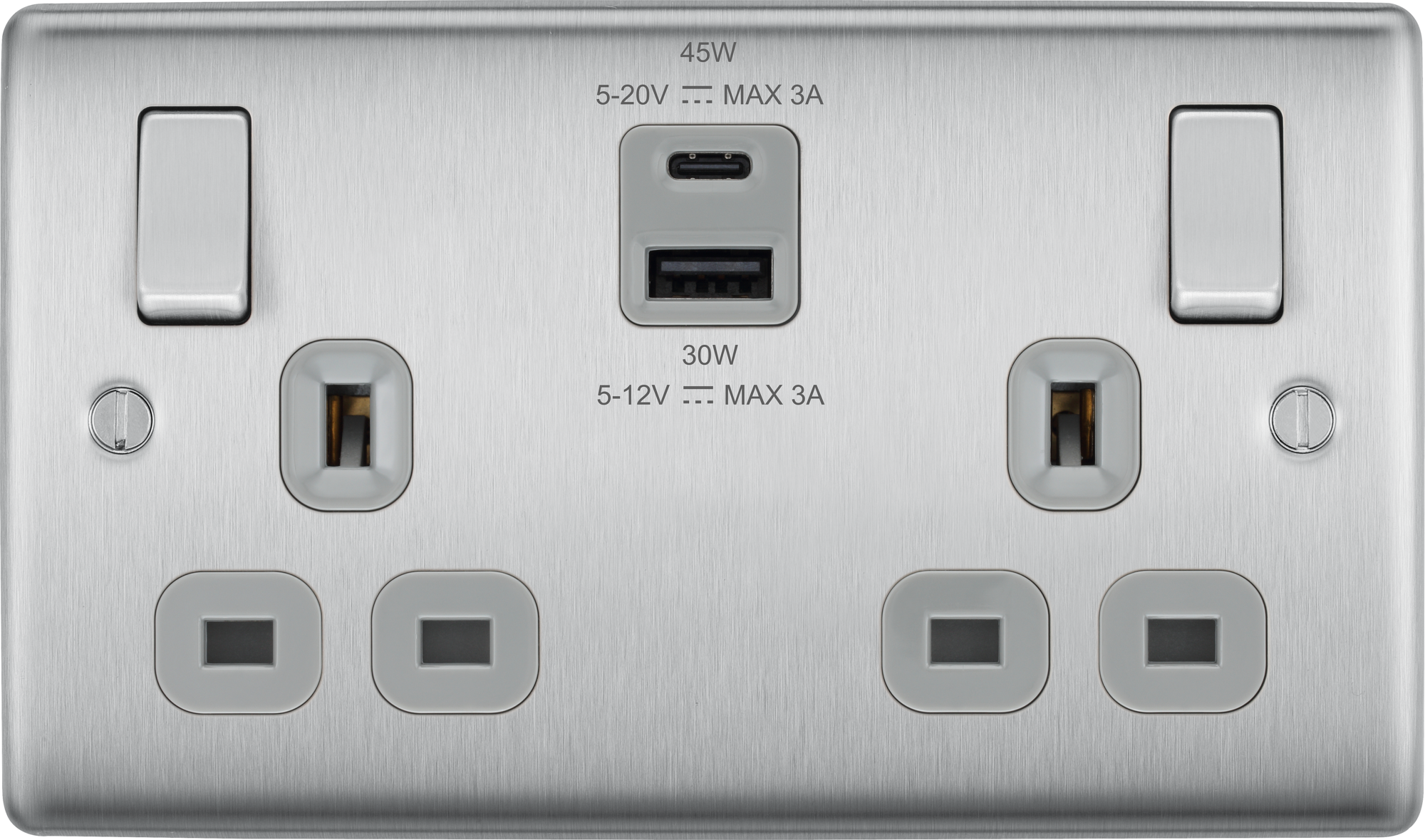 BG Nexus Metal USB USBC 12W Double Socket in Brushed Steel with Grey Inserts NBS22UAC45G