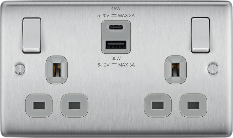 BG Nexus Metal USB USBC 12W Double Socket in Brushed Steel with Grey Inserts NBS22UAC45G