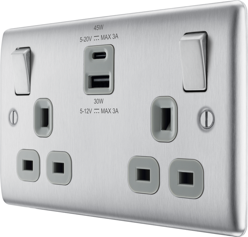 BG Nexus Metal USB USBC 12W Double Socket in Brushed Steel with Grey Inserts NBS22UAC45G