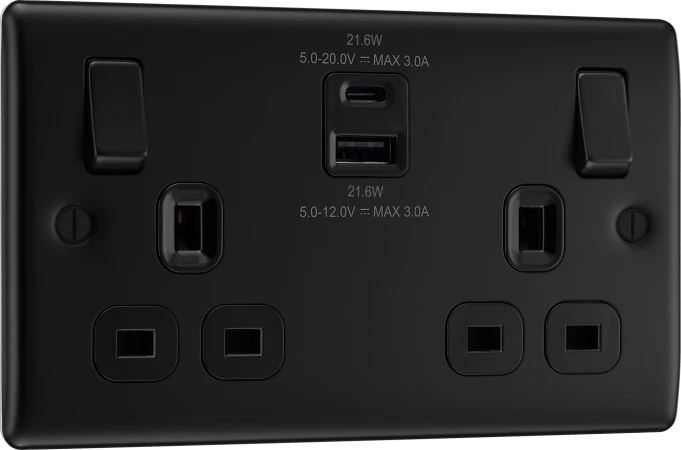BG Nexus Metal Matt Black 2 Gang USB A + C Switched Socket Black insert - NFB22UAC22B