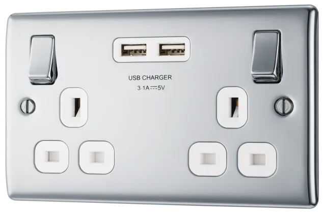 BG Nexus Metal USB Double Switched Fast Charging Power Socket with Two USB Charging Ports 13A in Polished Chrome with White Inserts - NPC22U3W