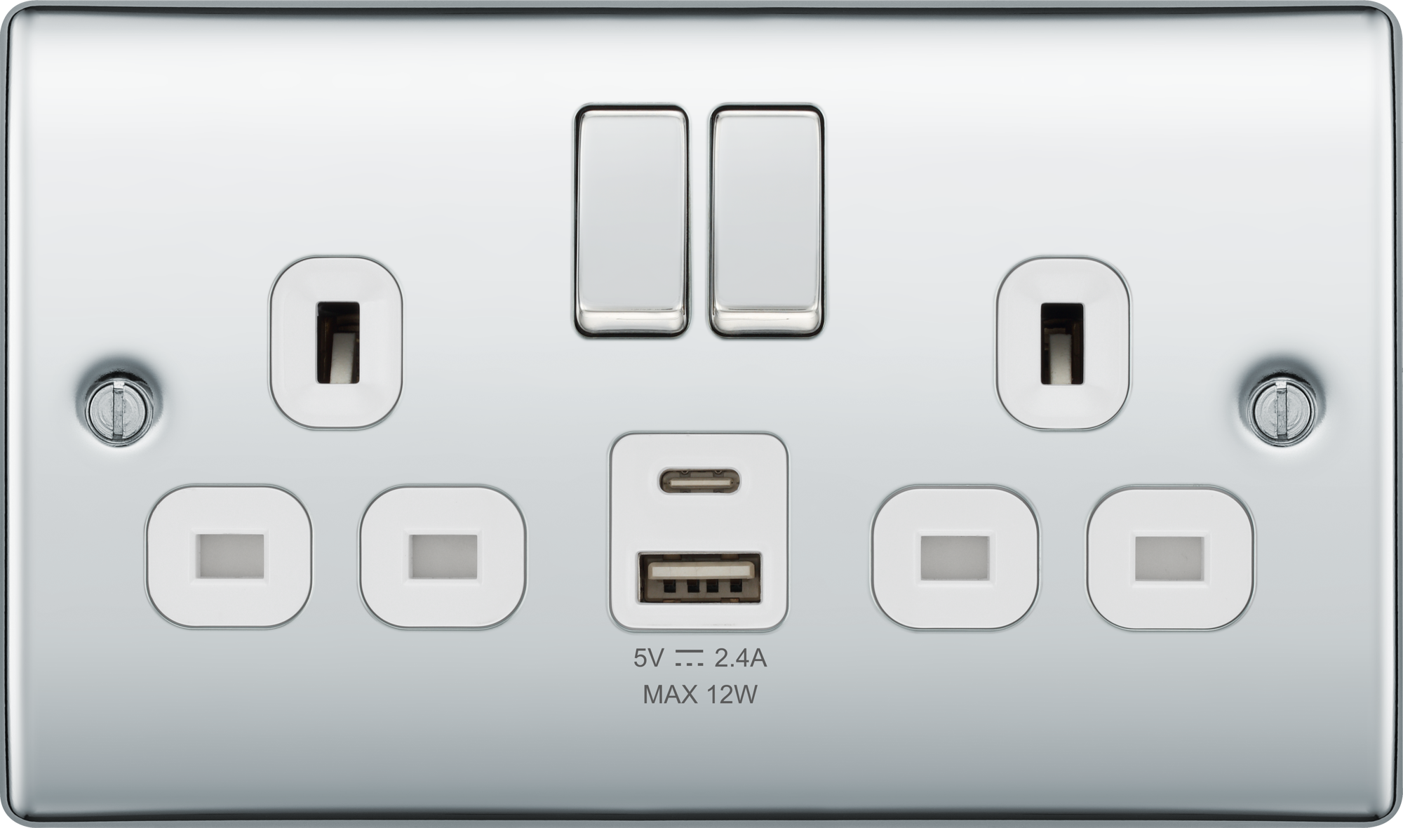BG Nexus Metal USB USBC 12W Double Socket in Polished Chrome with White Inserts NPC22UAC12W