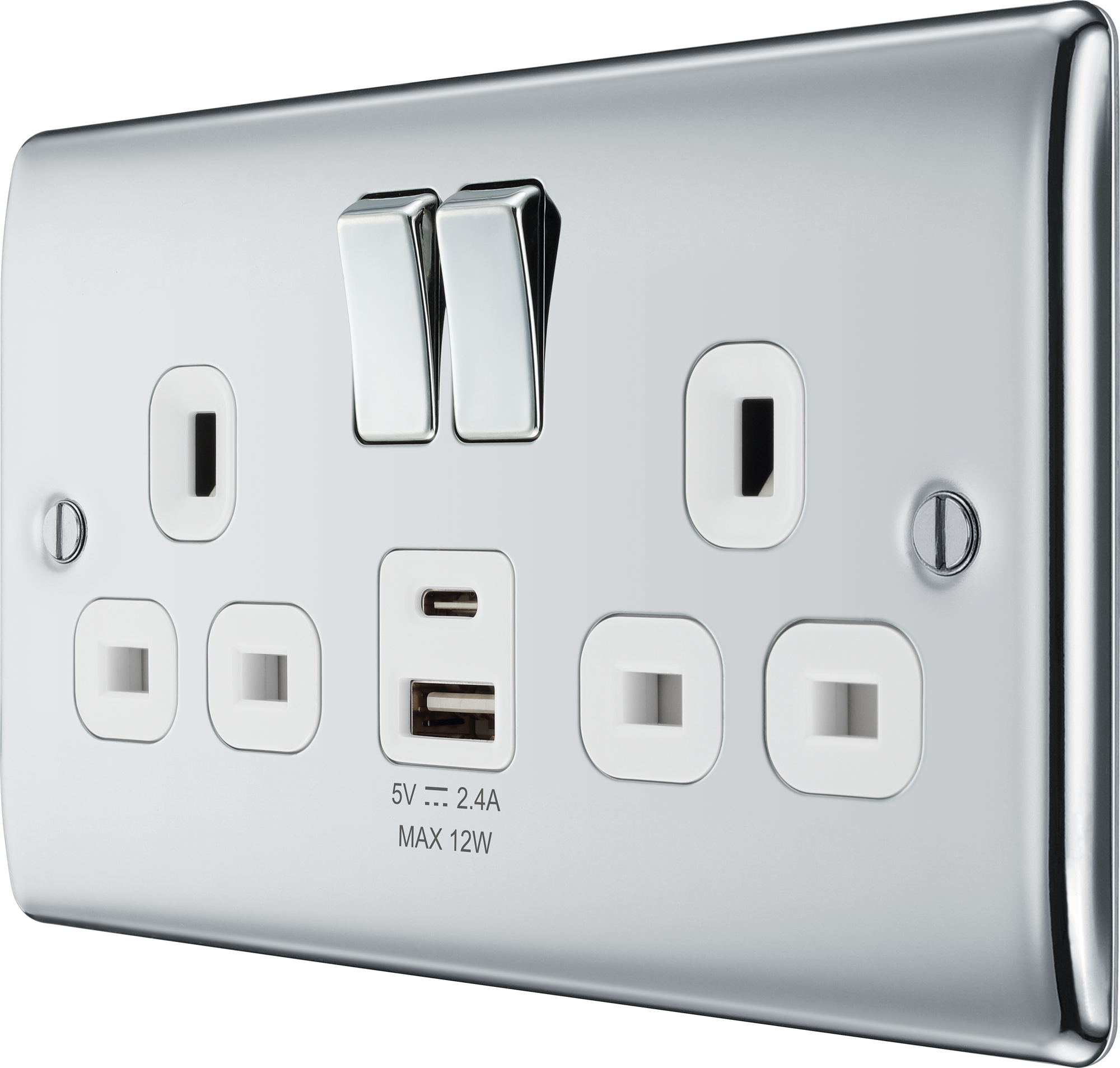 BG Nexus Metal USB USBC 12W Double Socket in Polished Chrome with White Inserts NPC22UAC12W