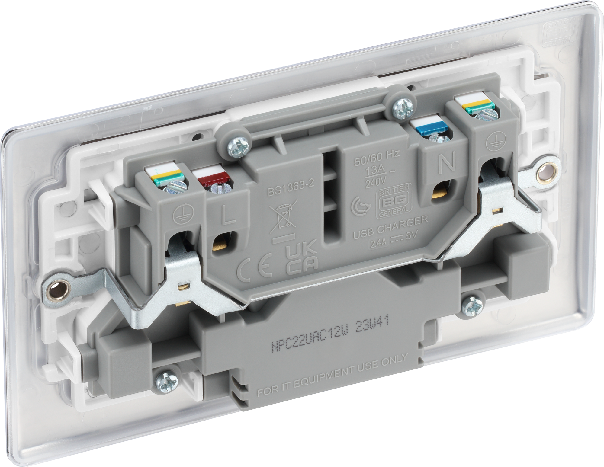 BG Nexus Metal USB USBC 12W Double Socket in Polished Chrome with White Inserts NPC22UAC12W
