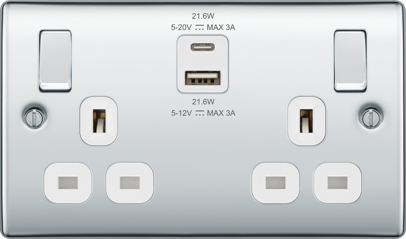 BG Nexus Metal USB USBC 22W Double Socket in Polished Chrome with White Inserts NPC22UAC22W