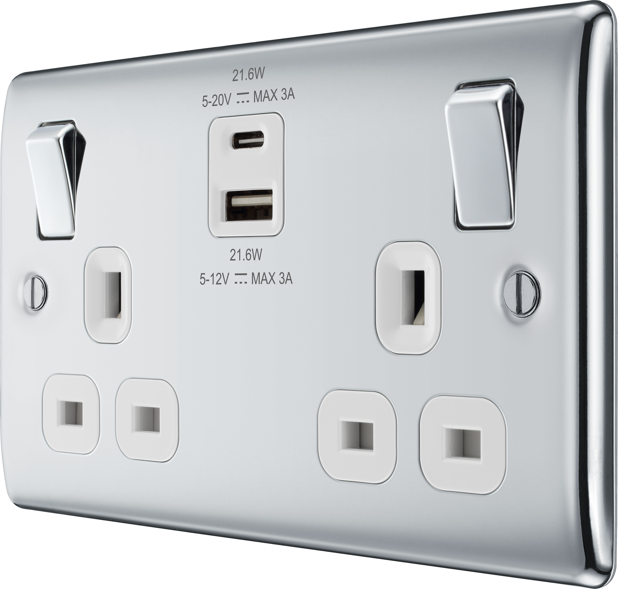 BG Nexus Metal USB USBC 22W Double Socket in Polished Chrome with White Inserts NPC22UAC22W