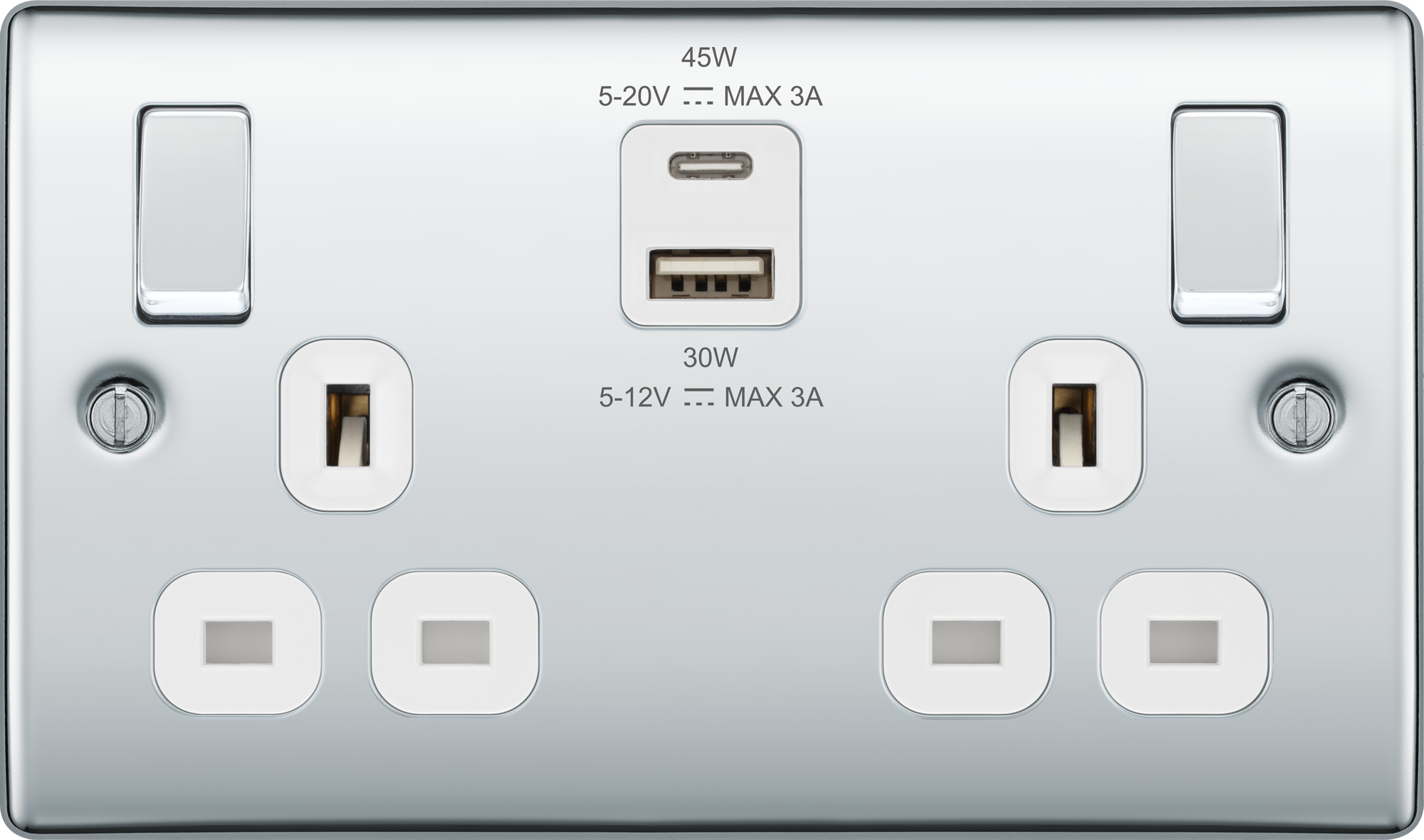 BG Nexus Metal USB USBC 45W Double Socket in Polished Chrome with White Inserts NPC22UAC45W