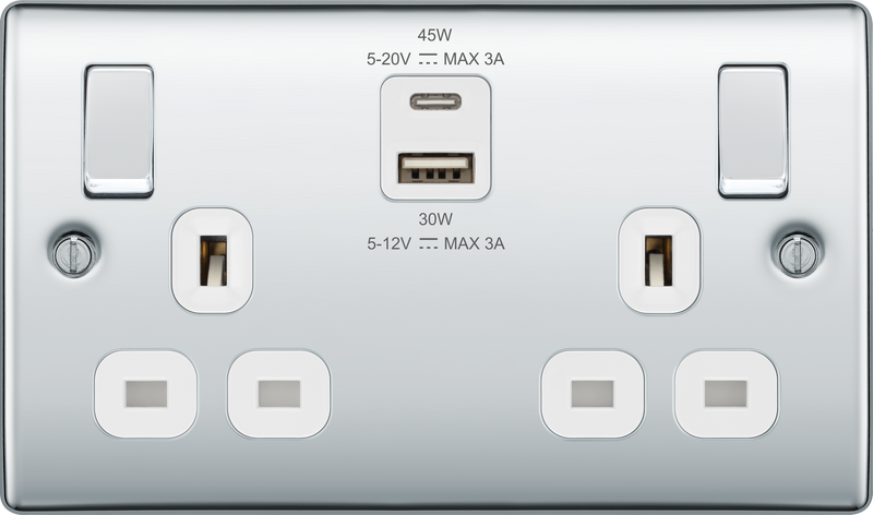 BG Nexus Metal USB USBC 45W Double Socket in Polished Chrome with White Inserts NPC22UAC45W
