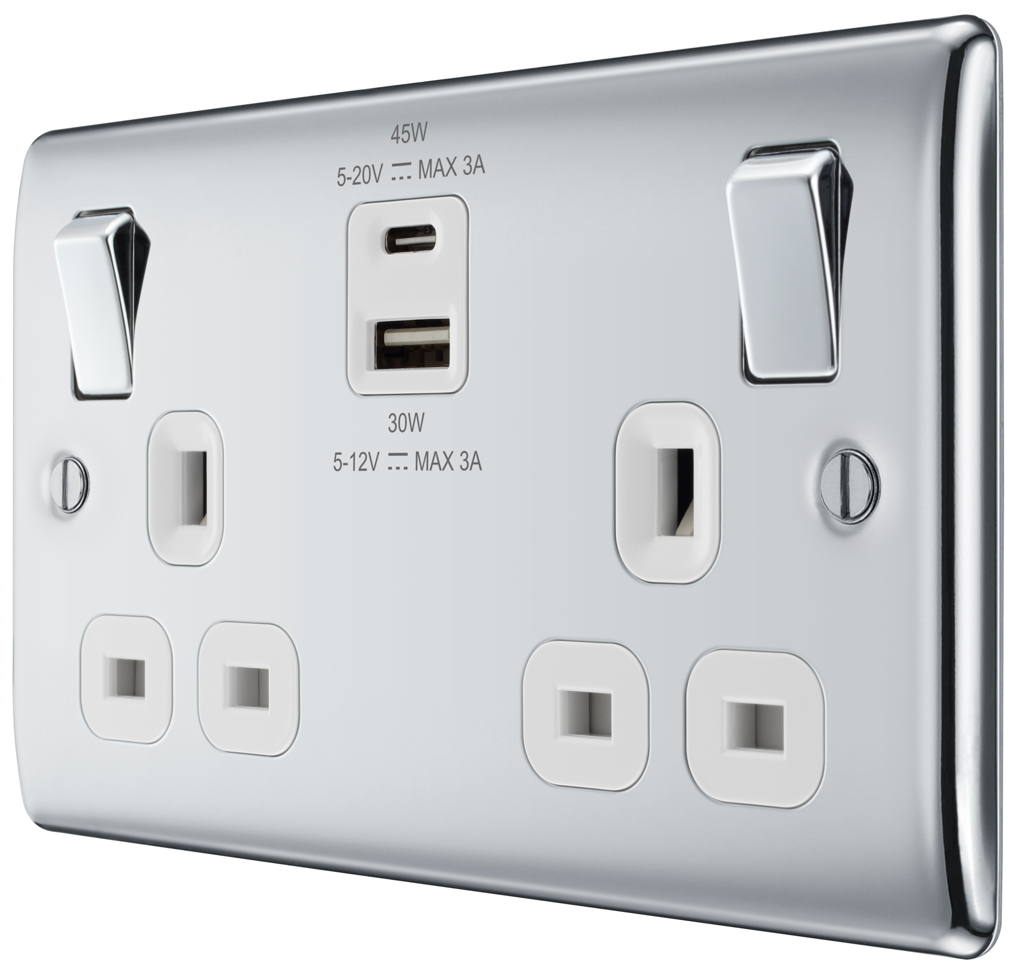 BG Nexus Metal USB USBC 45W Double Socket in Polished Chrome with White Inserts NPC22UAC45W