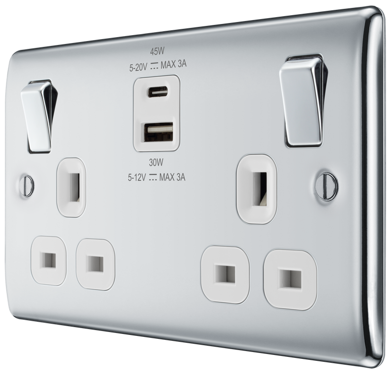 BG Nexus Metal USB USBC 45W Double Socket in Polished Chrome with White Inserts NPC22UAC45W