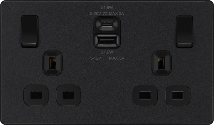 BG Evolve Matt Black PCDMB22UAC22B USB Double Socket 22W Type A & C USB